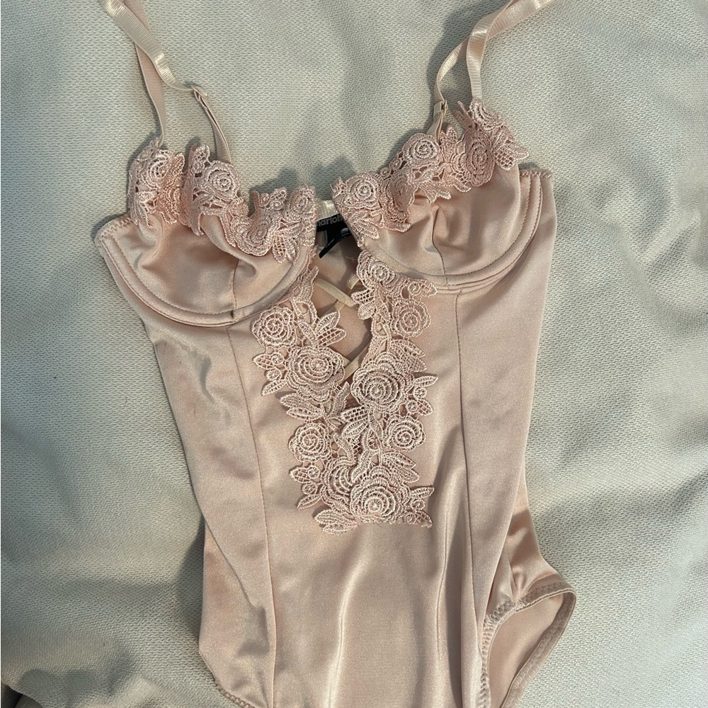 Lace Trim Satin Bodysuit - Blush